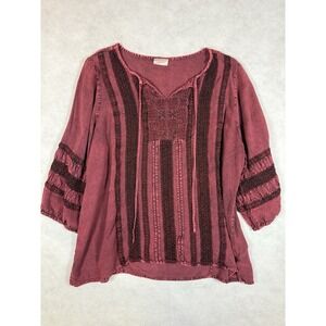 Boho Peasant Top Womens 18/20 Burgundy Embroidered Rayon 3/4 Sleeve Blouse Plus
